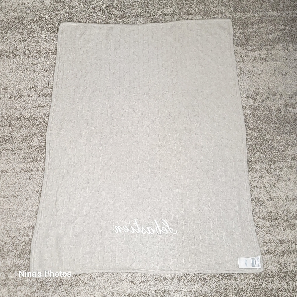 100% Cashmere Ralph Lauren Gray Cable Knit Crib Blanket Monogrammed Sebastien - Picture 3 of 7